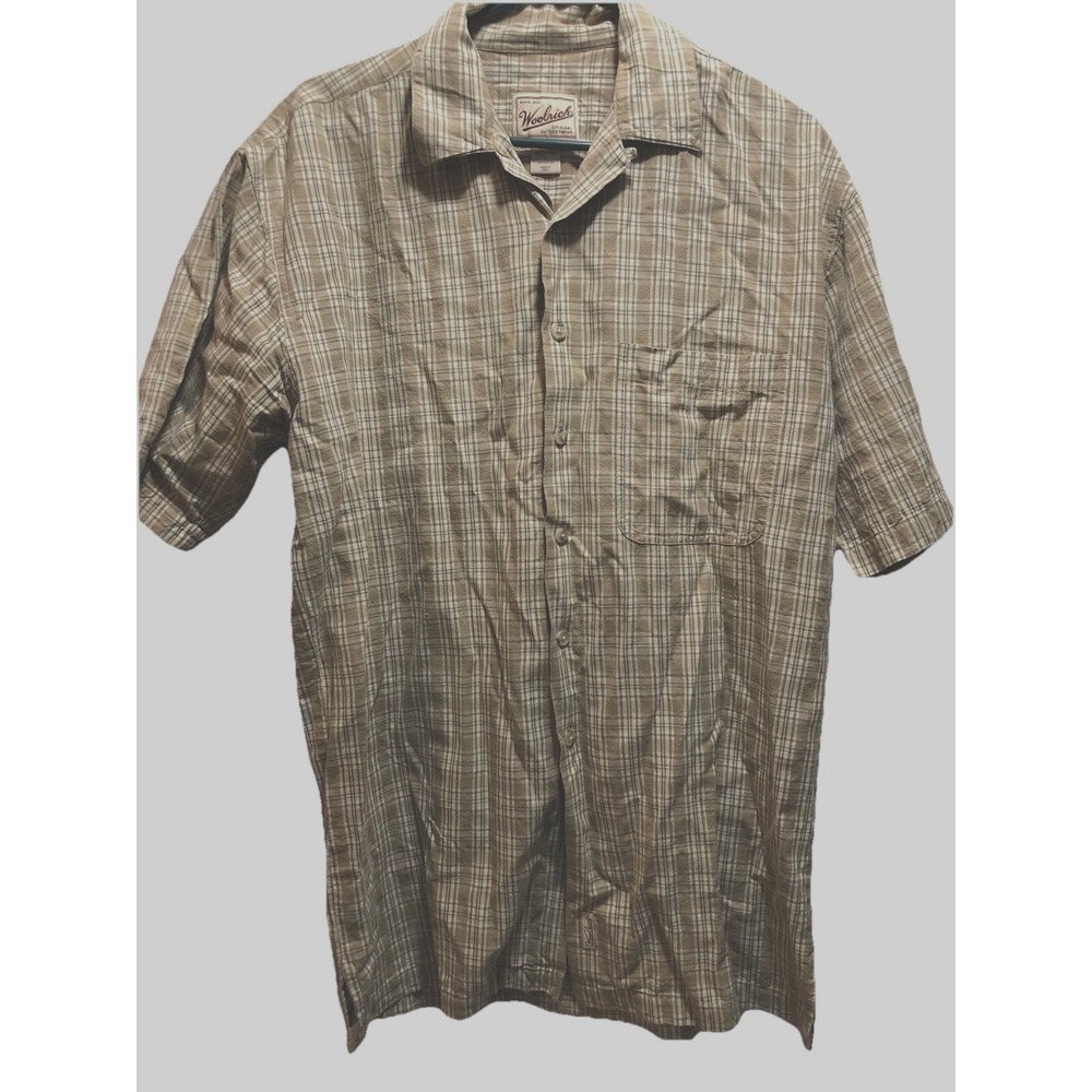 Woolrich Vintage Men's Shirt Size Medium Tan/khaki Plaid Short‎ Sleeve Button